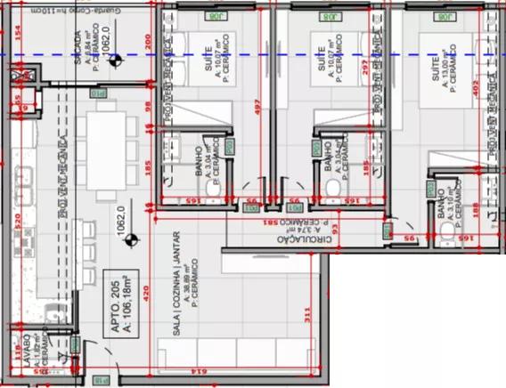 Planta apartamento 205 106,18 m² do Villa dos Coqueiros