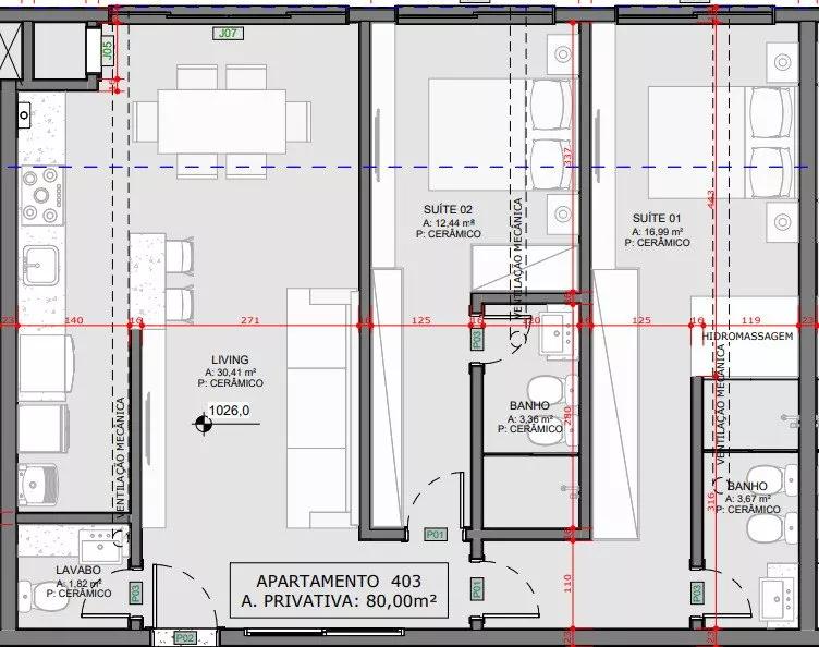 Planta do apartamento de 80,0m² do Villa Coral