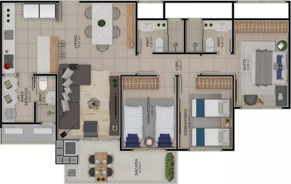 Planta do apartamento de 96m² do Portal do Itacorubi