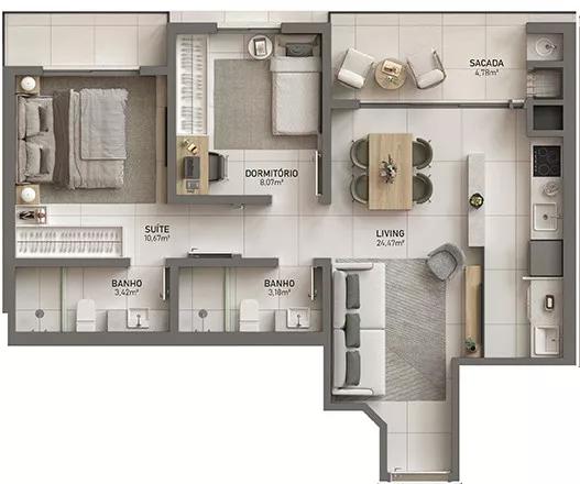 Planta do apartamento de 63.94m² do Arbo1755