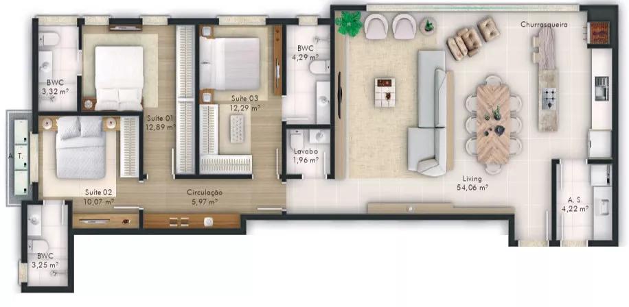 Planta do apartamento de 129m² do AP Praia Home Resort