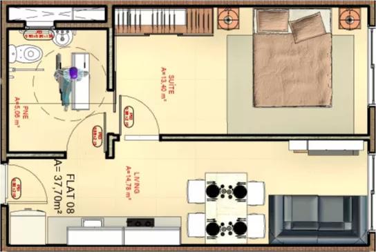 Planta do apartamento de 37m² do Loyal Tower Flats