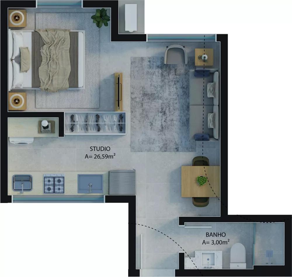 Planta do apartamento de 35m² do Aracy