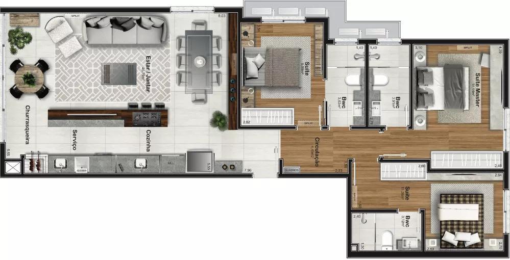 Planta de 113m² do Santorim Exclusive Residence