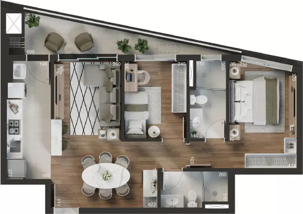 Planta do apartamento de 72,05m² do Lior