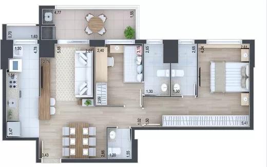 Planta do apartamento de 78.33m² do Terrasse Infini