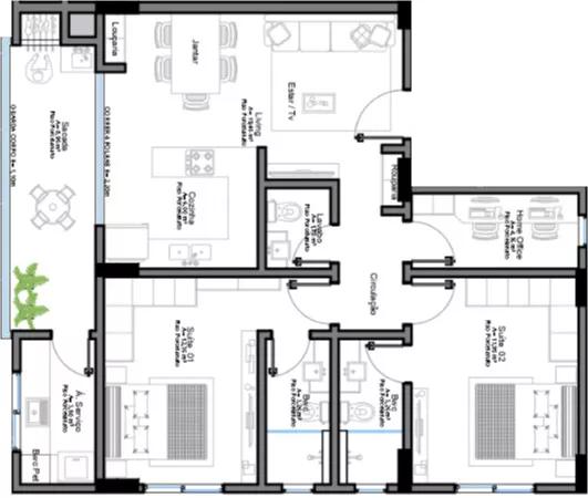 Planta do apartamento de 86m² do For You Club Residence