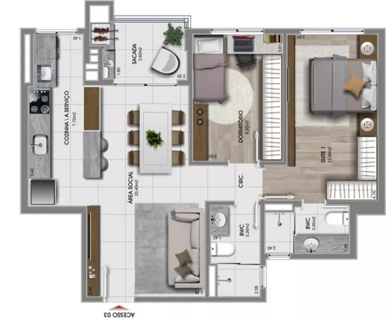 Planta do apartamento de 70m² do Agapito