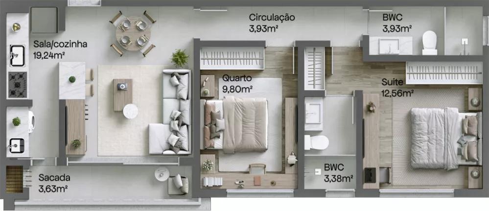 Planta do apartamento de 69m² do Maui