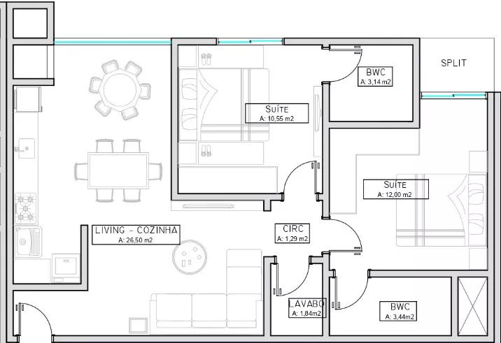 Planta do apartamento de 70m² do Space One Tower