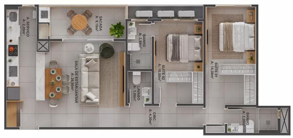 Planta do apartamento de 84m² do Seven