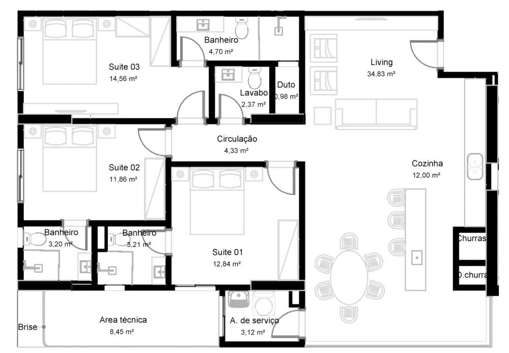 Planta do apartamento de 125m² do Biomas