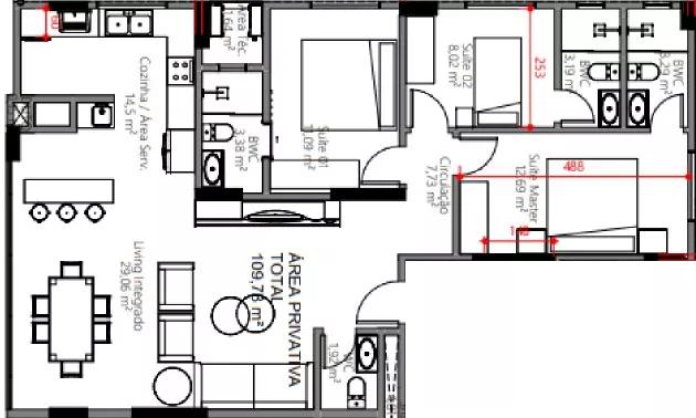 Planta do apartamento de 112m² do Lykke