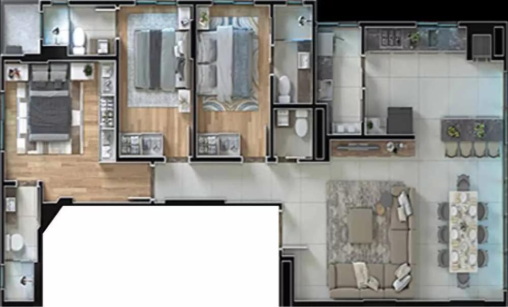 Planta do apartamento de 115m² do Terraço Boa Vista