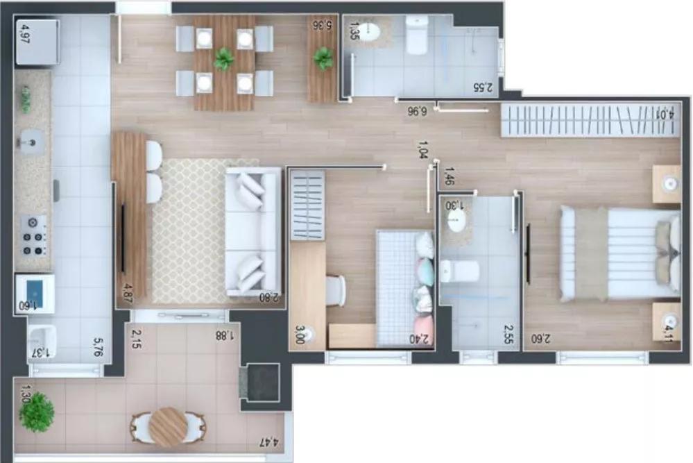 Planta do Apartamento de 70m² do Terrasse Joie