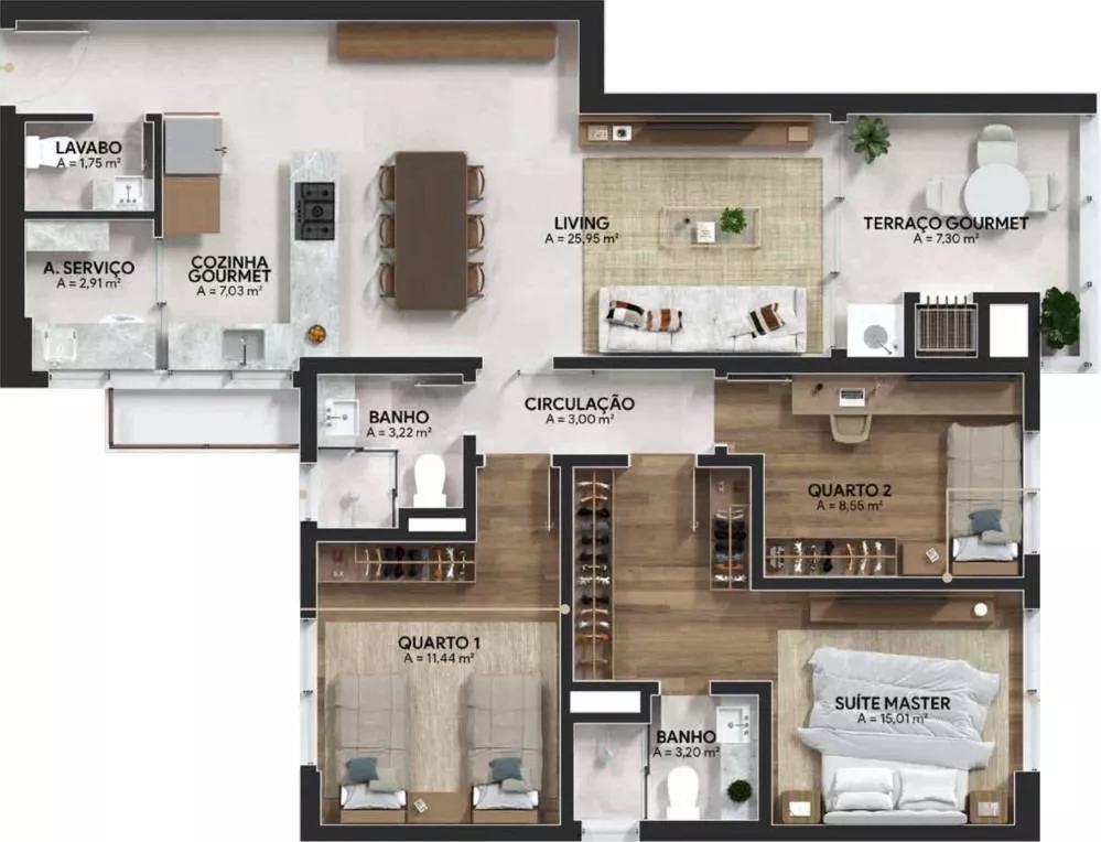 Planta do Apartamento de 107,31m² do Villa Boreal