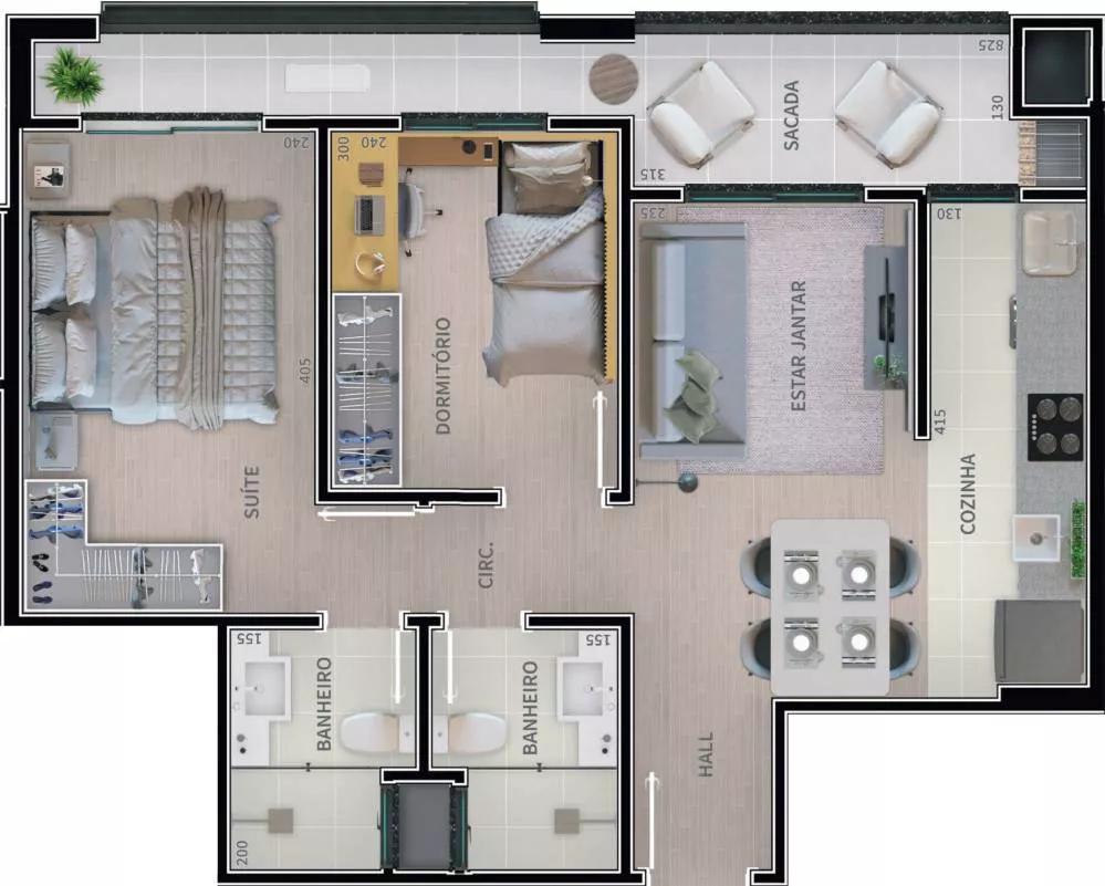 Planta do Apartamento de 60m²  do Hera Botânica