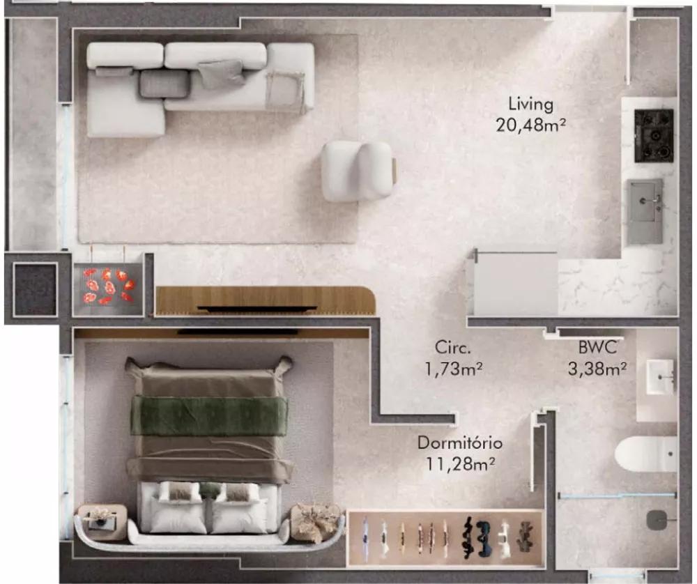 Planta do apartamento de 44m² do New Port Tower