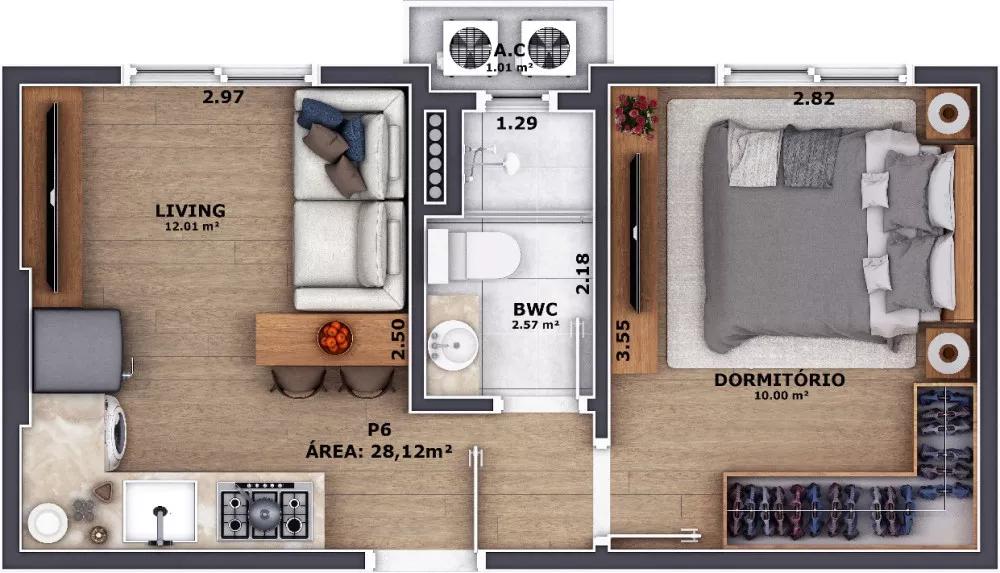 Planta do apartamento de 28m² do Pass Connect