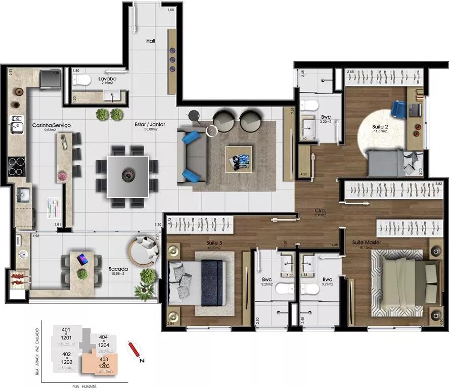 Planta do apartamento de 129m² do Julio Schappo