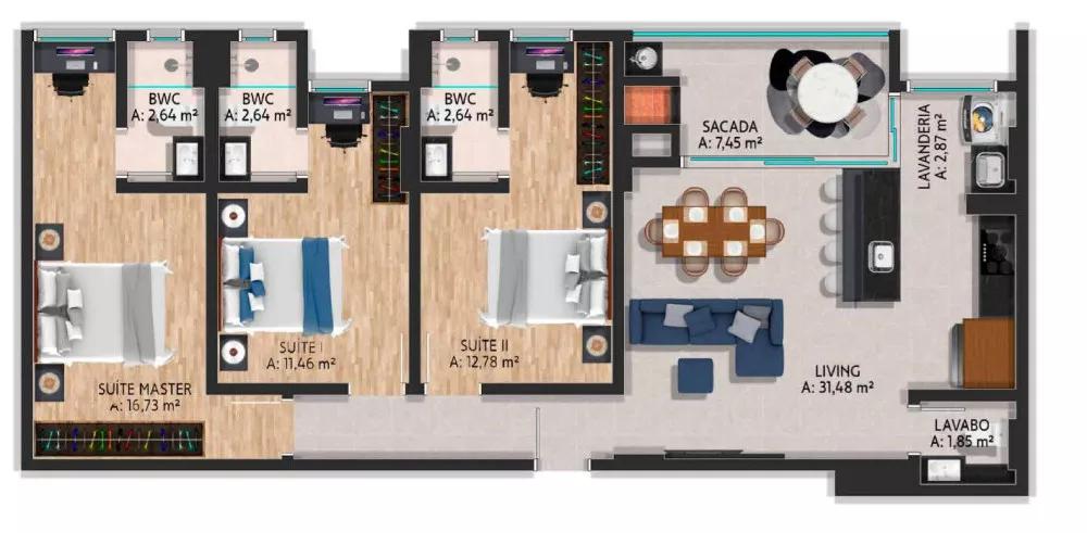 Planta do apartamento de 108m² do Vendome