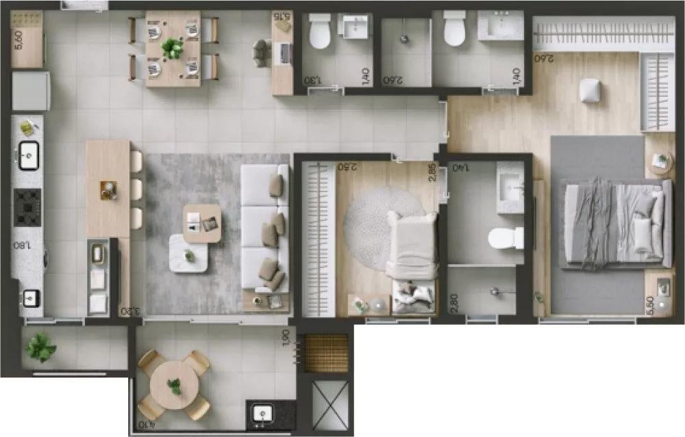 Planta do Apartamento de 98m² do Nest