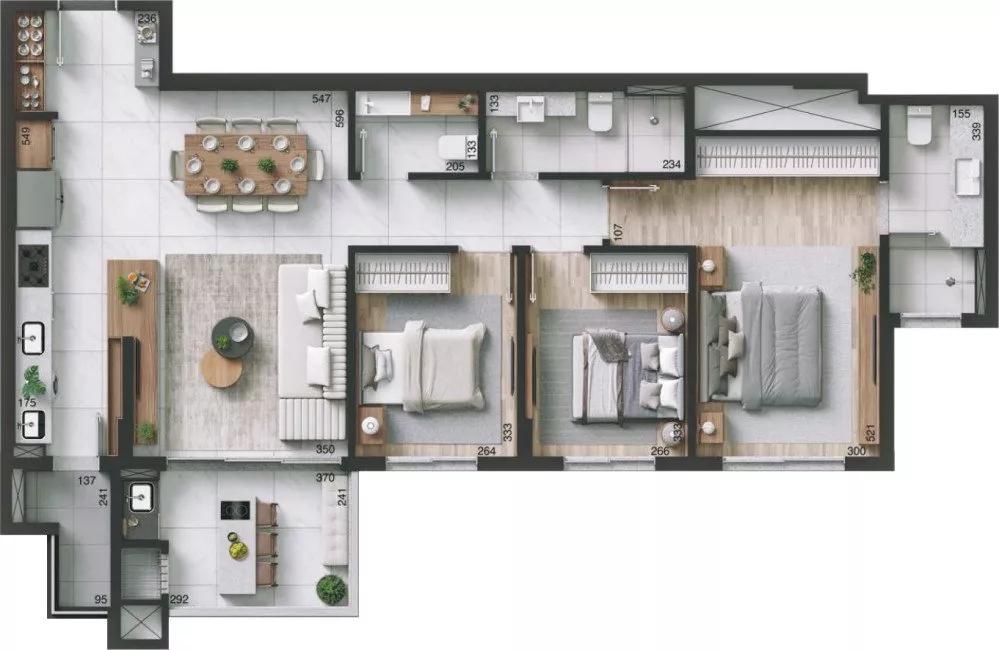 Planta do Apartamento de 112m² do Paseo Folloni