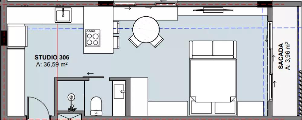 Planta do apartamento de 40,55m² do Santa Mônica Roberto José Vaz Studios