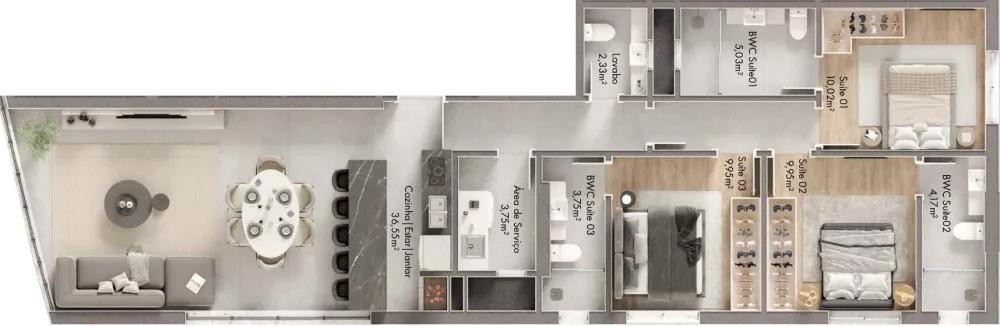 Planta do apartamento de 115m² do Blue Tower