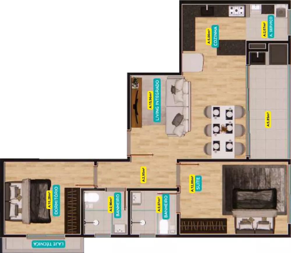 Planta do apartamento de 70m² do Miguel