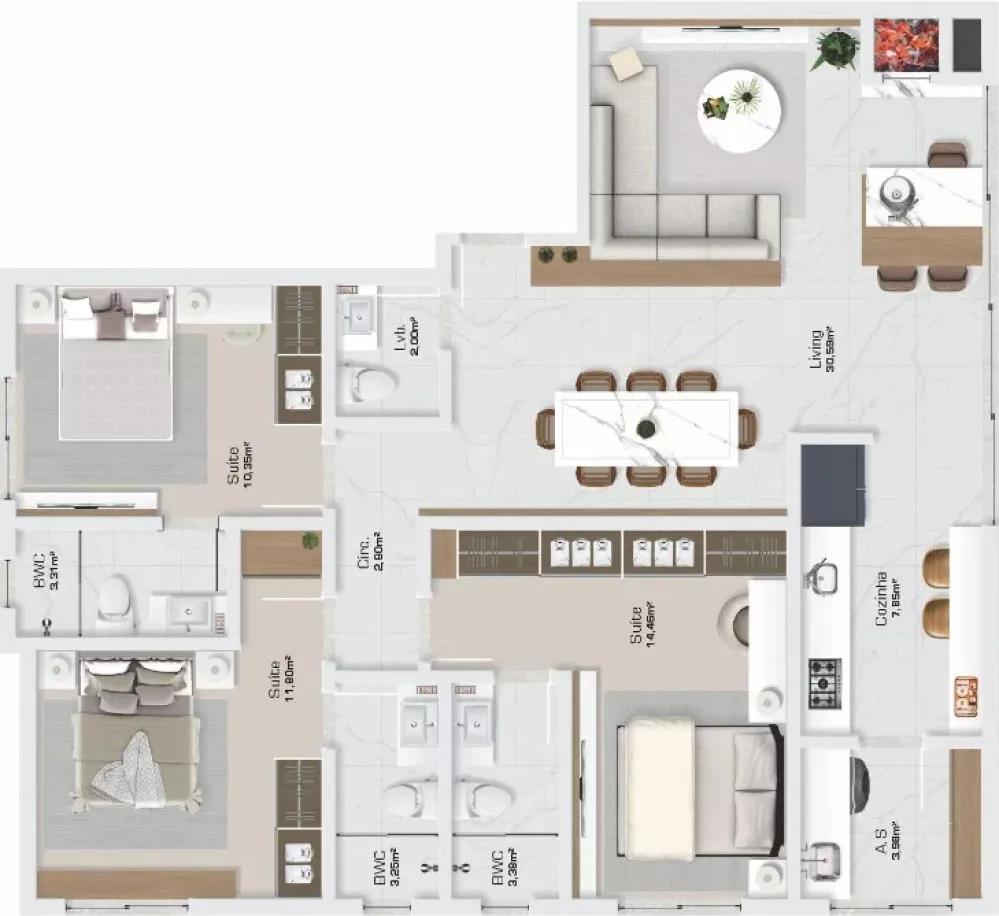 Planta do apartamento de 112,47m² do Acquamarine Residence