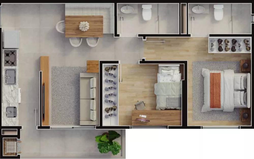 Planta do apartamento de 59,48m² do Tajahy