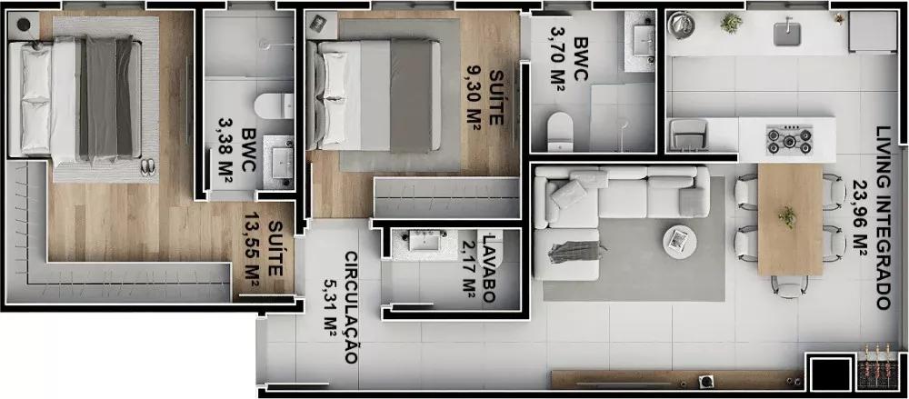 Planta do apartamento de 70m² do Amalfitta