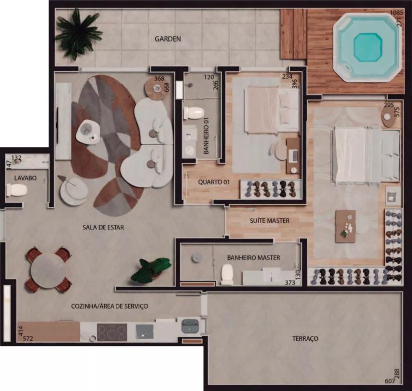 Planta Garden de 93m² do Aura Residencial