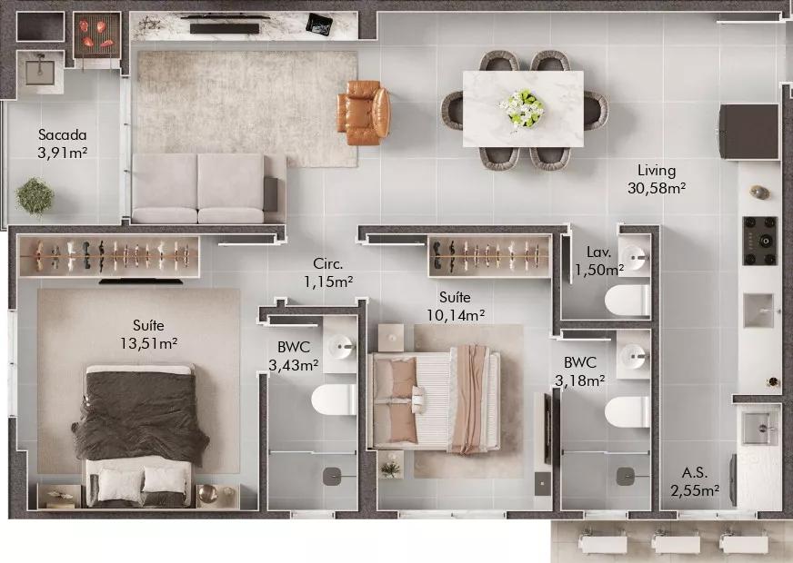 Planta do apartamento de 81m² do Porto Frade