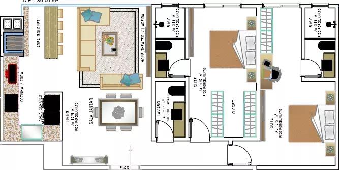 Planta do apartamento de 86m² do Blue Building