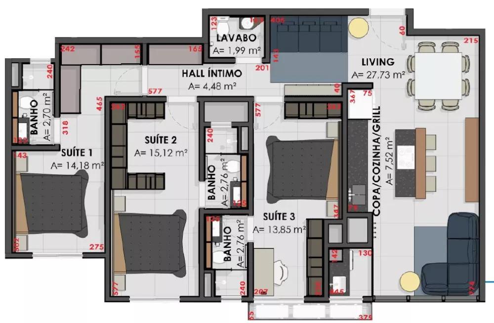 Planta do apartamento de 114m² do Blue Sky