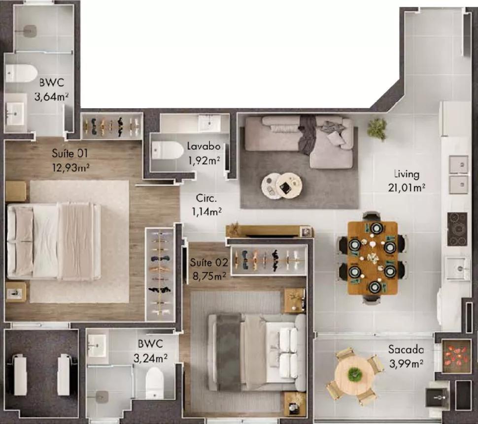 Planta do apartamento de 65.05m² do Life Dreams