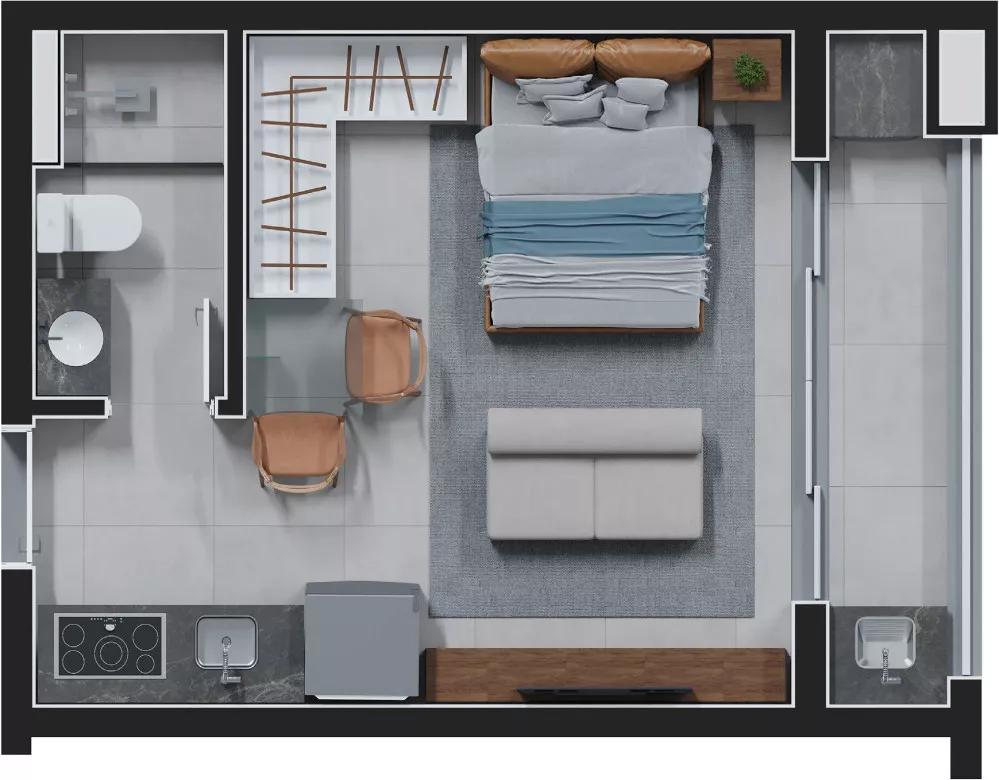 Planta do apartamento de 31,28m² do Stone Urban Habitat