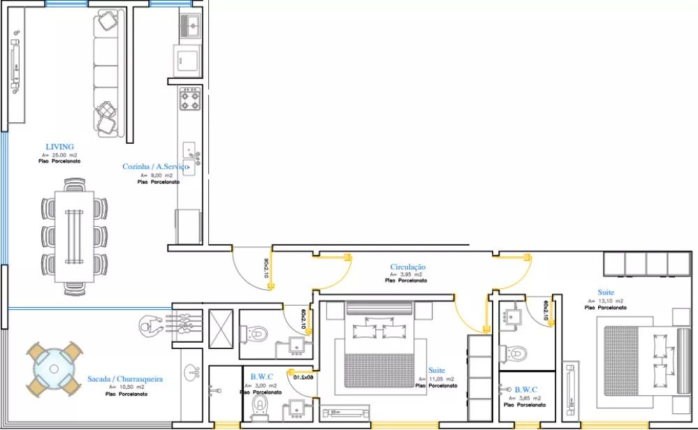 Planta do apartamento de 92m² do Terza Viale