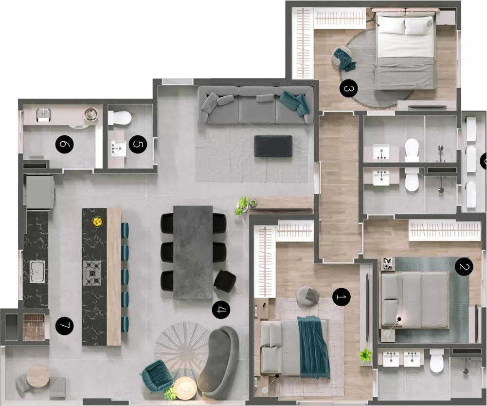 Planta do apartamento de 126m² do Barra