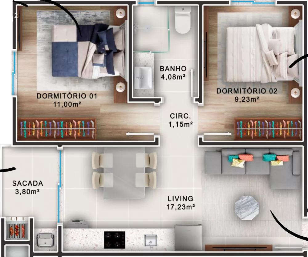 Planta do apartamento de 53m² do Mares de Itapema