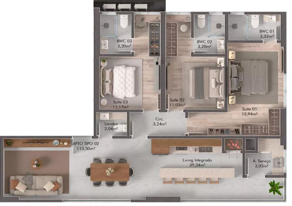 Planta do apartamento de 113m² do Nomma