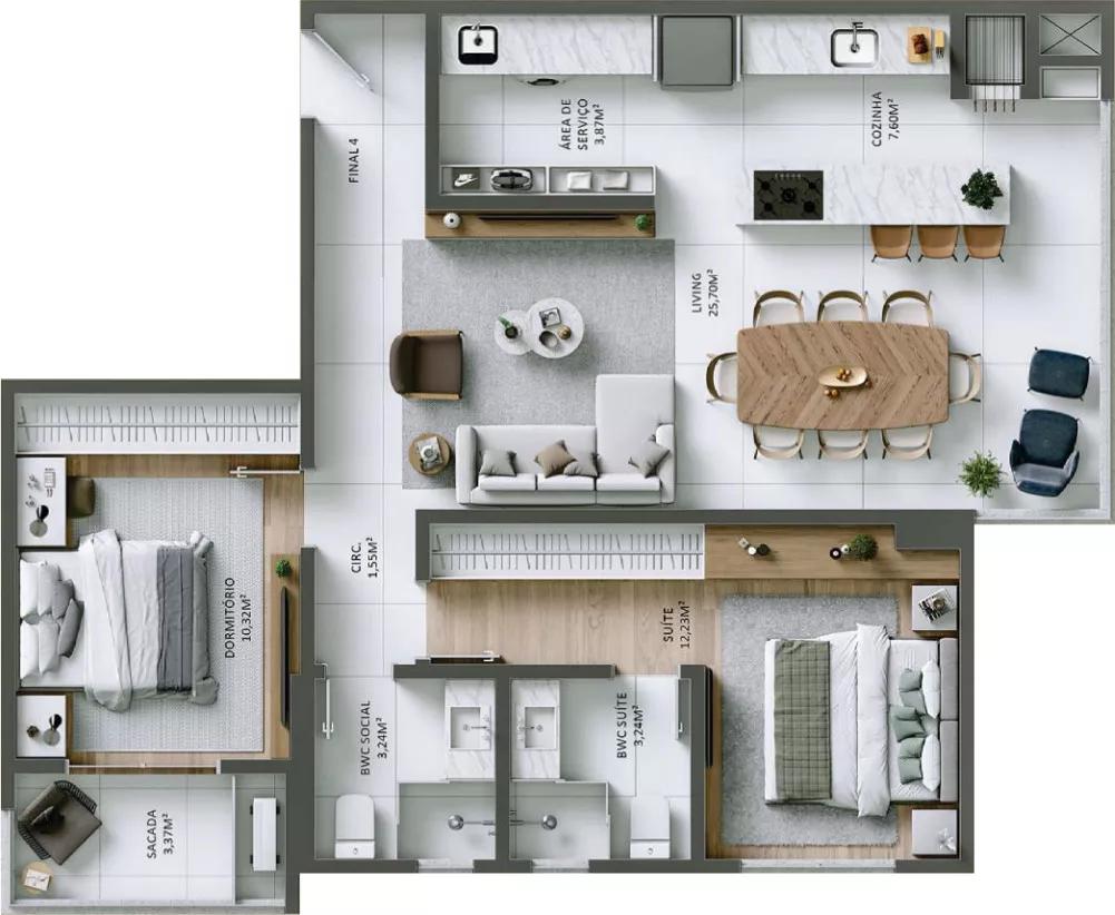 Planta do apartamento de 82m² do Positano