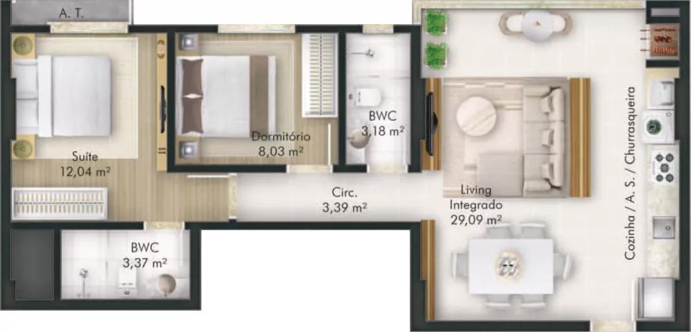 Planta do apartamento de 69.5m² do Versailles Home Club