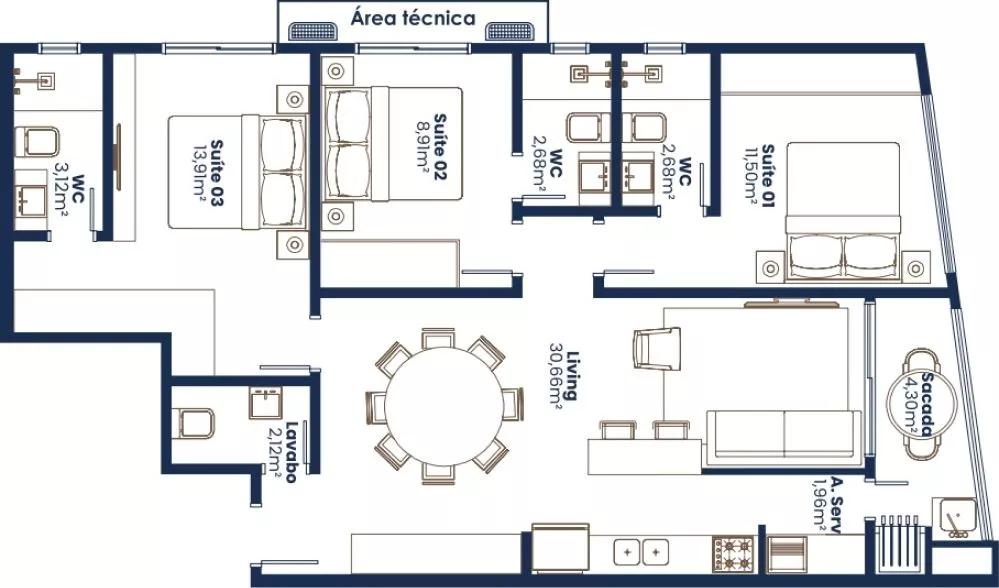 Planta de 93m² do Amalfi Residence