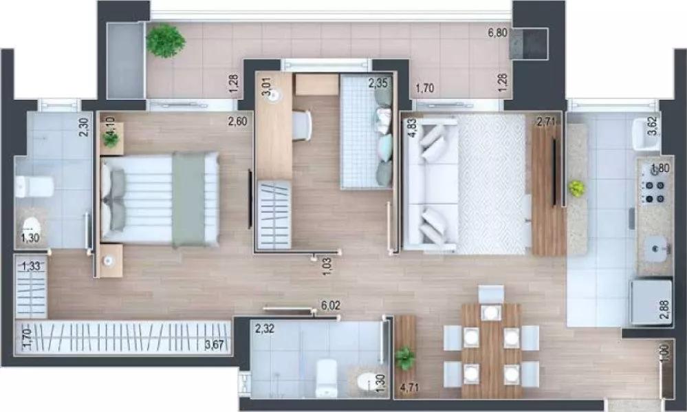 Planta do Apartamento de 67m² do Magique