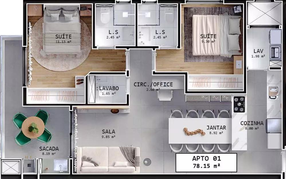 Planta do Apartamento de 78m² do Opulus