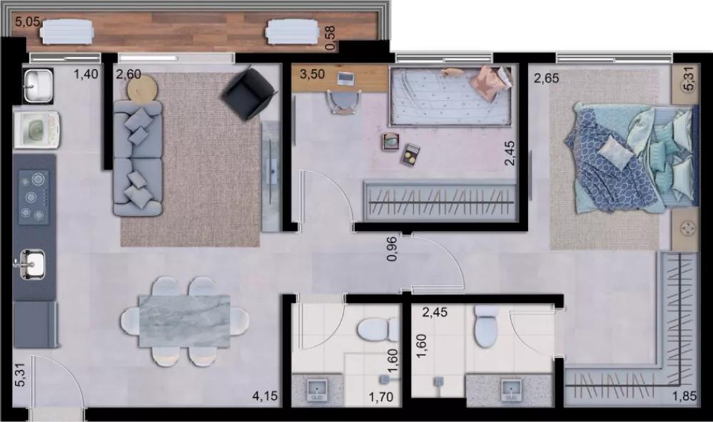 Planta de 64m² do Noah Sim Home