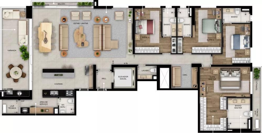 Planta do apartamento de 243 m² do Opus Sense